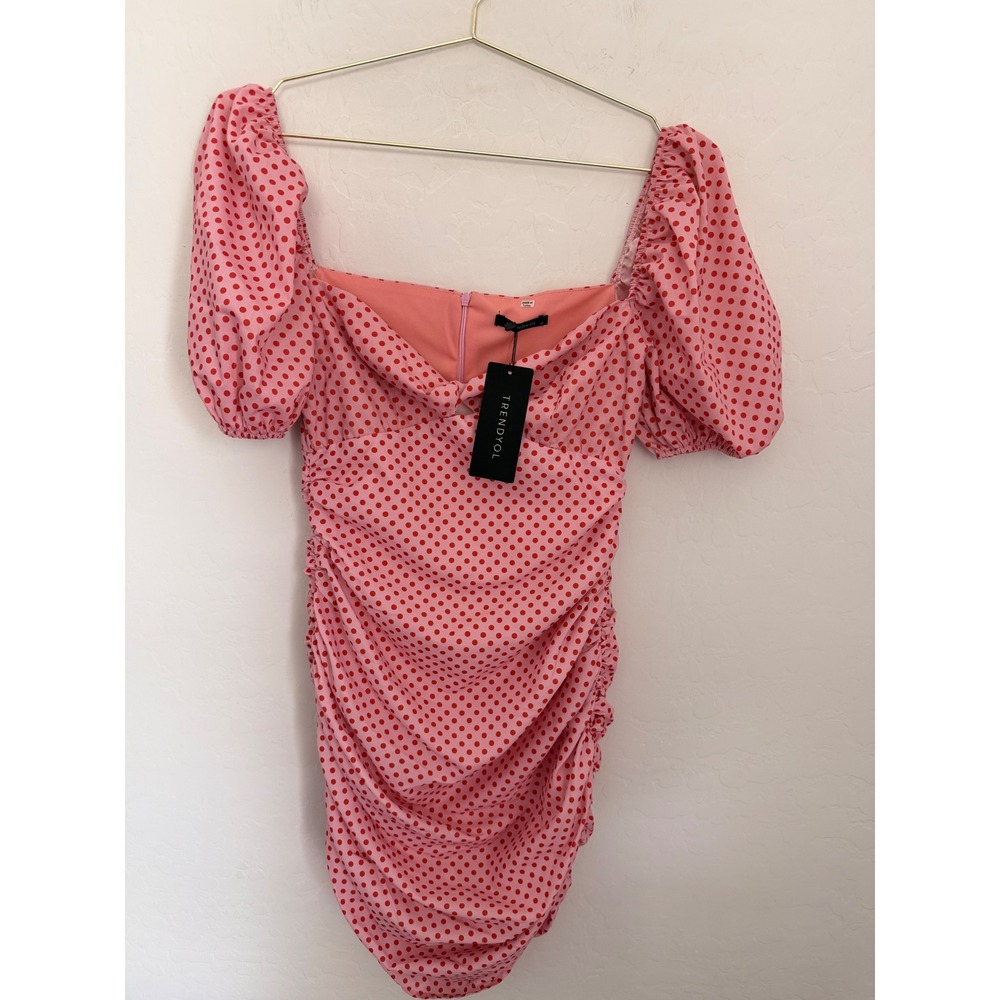 Trendyol Pink Red Polka Dot Girlhoodcore Ruched Puff Sleeve Mini Dress Sz M NWT